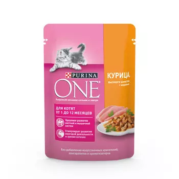 Влажный корм Purina one для котят, с курицей и морковью, Пауч, 75 г