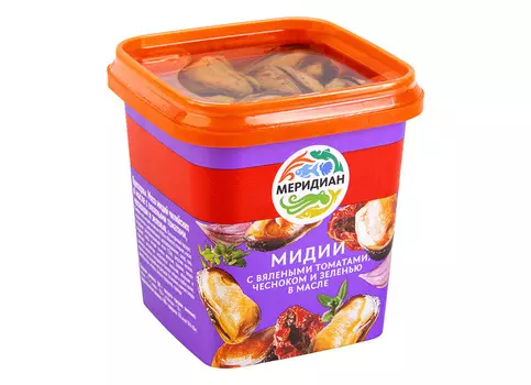 Мидии с вяленым томатом, чесноком и зеленью в масле Меридиан 270г