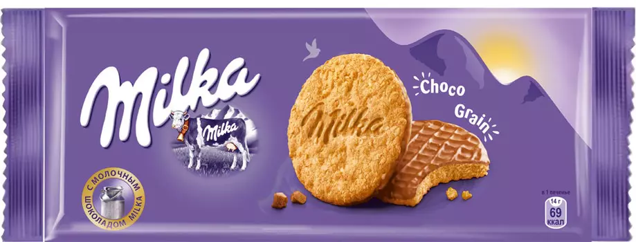 Печенье Milka Choco Grain из цельнозерновой муки с овсяными хлопьями в молочном шоколаде 168г