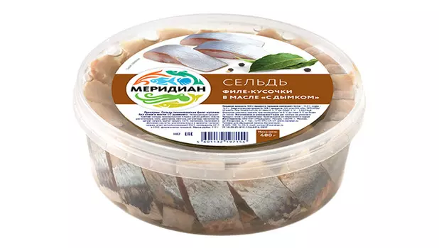 Сельдь филе-кусочки с/с в масле с дымком Меридиан 480г