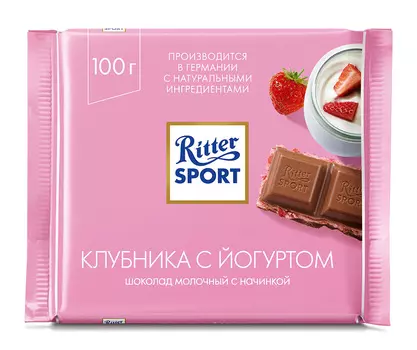 Шоколад молочный Ritter Sport с начинкой из йогурта с клубникой и хлопьями 100г
