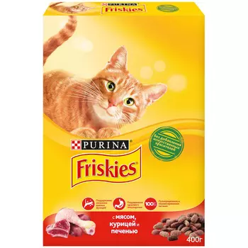 Сухой корм Friskies для взрослых кошек, с мясом, курицей и печенью, Коробка, 400г