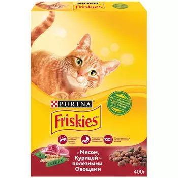 Сухой корм Friskies для взрослых кошек, с мясом, курицей и полезными овощами, Коробка, 400г