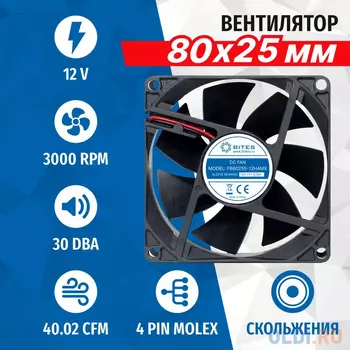 5bites Вентилятор FB8025S-12H4MX 80X25 / SLEEVE / 3000RPM / MOLEX / 4P