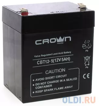 Аккумулятор CROWN СВТ-12-5 (Cвинцово-кислотный, напряжение 12В, ёмкость 5 А\Ч, размеры (мм) 90х70х101, вес 1,75 кг, материал корпуса - ABS-пластик, тип клеммы - F2 (Т2), срок службы 6 лет)