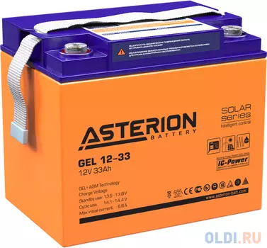 Аккумуляторная батарея Asterion GEL 12-33 NDC 12В/33Ач клемма Болт М6 (195х132х168мм(168мм) 10,6кг Срок сл.12лет