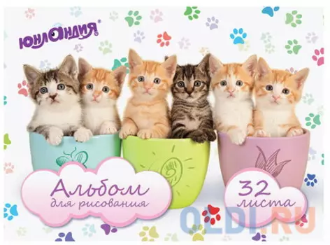 Альбом для рисования, А4, 32 листа, гребень, обложка картон, ЮНЛАНДИЯ "Котики", 105077