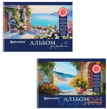 Альбом для рисования, А4, 40 л., гребень, обложка картон, BRAUBERG "Пейзаж с цветами", 103730