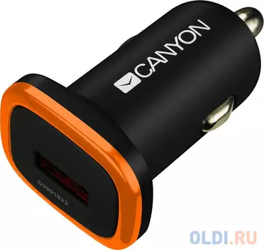 Автомобильное зарядное устройство CANYON Universal 1xUSB car adapter, Input 12V-24V, Output 5V-1A, black rubber coating with orange electroplated ring