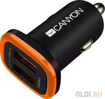 Автомобильное зарядное устройство CANYON Universal 2xUSB car adapter, Input 12V-24V, Output 5V-2.1A, with Smart IC, black rubber coating with orange electroplated ring(without LED backlighting