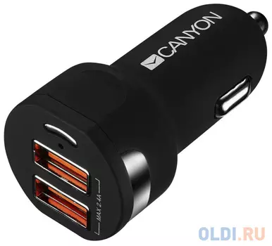 Автомобильное зарядное устройство CANYON Universal 2xUSB car adapter, Input 12V-24V, Output 5V-2.4A, with Smart IC, black rubber coating with silver e