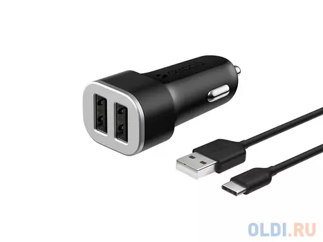 Автомобильное зарядное устройство Deppa 2 USB 2.4А + кабель USB Type-C, черный