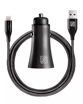 Автомобильное зарядное устройство LENZZA Razzo Metallic Car Charger. Два порта USB 5В, 2,1А. В комплекте: кевларовый кабель Lightning to USB Cable. Цвет черный.