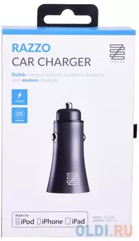 Автомобильное зарядное устройство LENZZA Razzo Metallic Car Charger. Два порта USB 5В, 2,1А. Цвет черный.