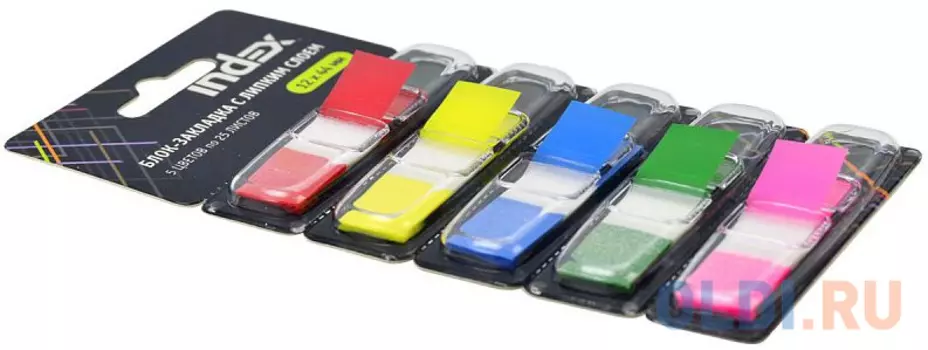 Блок-закладка с липким слоем, разм. 12х44мм, пластик, 5 цветов по 25л, диспенс. с ев/п