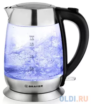 BRAYER 1010BR Чайник электрический, 2200 Вт, 1,7 л, высокопр.стекло,автооткл, противоскол.основ