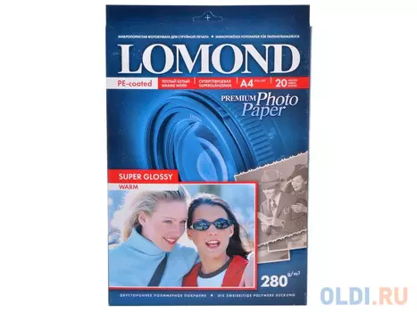 1104101 бумага LOMOND (A4, 280гр, 20л) Суперглянец , 1 стор.