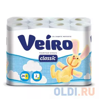 Бумага туалетная бытовая, спайка 24 шт., 2-х слойная (24х17,5 м), VEIRO Classic, белая, 5с224