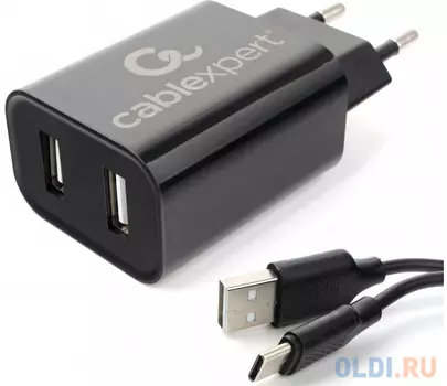 Cablexpert Адаптер питания USB 2 порта, 2.4A, черный + кабель 1м Type-C (MP3A-PC-37)