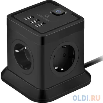 Cablexpert Сетевой фильтр Tower 4р, 10А, 3xUSB, 3.1А, 2м, ур.защиты 2+, черный, коробка, TWR-4-U3-B-2