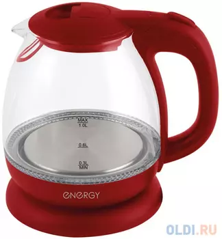 ЧАЙНИК ЭЛЕКТР. "ENERGY" E-296 1 Л (1/8) СТЕКЛО, ПЛАСТИК (КРАСНЫЙ)