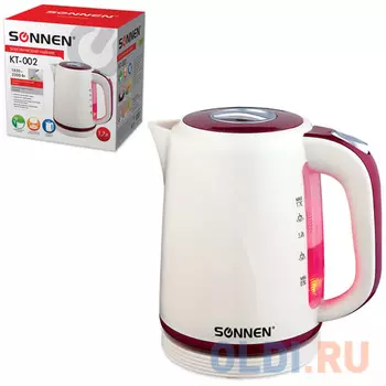 Чайник SONNEN KT-002, 1,7 л, 2200 Вт, закрытый нагревательный элемент, пластик, бежевый/красный, 451711
