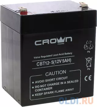 CROWN Battery voltage 12V, capacity 5 A / W, dimensions (mm) 88x68x100, weight 1.8 kg, the type of terminal - the F1, type of battery - Lead-acid with suspended electrolyte gel, the service life of 6 years