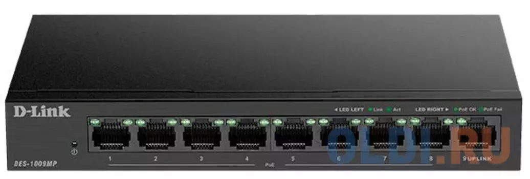 D-Link DES-1009MP/A1A Неуправляемый коммутатор с 8 портами 10/100Base-TX и 1 портом 10/100/1000Base-T (8 портов РоЕ 802.3af/at, PoE-бюджет 117 Вт)