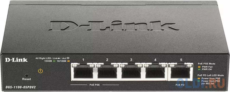 D-Link DGS-1100-05PDV2/A1A, L2 Smart Switch with 4 10/100/1000Base-T ports and 1 10/100/1000Base-T PD port(2 PoE ports 802.3af (15,4 W), PoE Budget 18