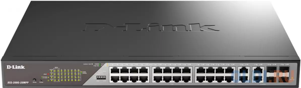 D-Link Smart L2 Surveillance Switch 24х1000Base-T PoE (8 PoE ports 802.3bt 90W), 4xCombo 1000Base-T PoE/SFP, PoE Budget 518W, Long-range PoE up to 250