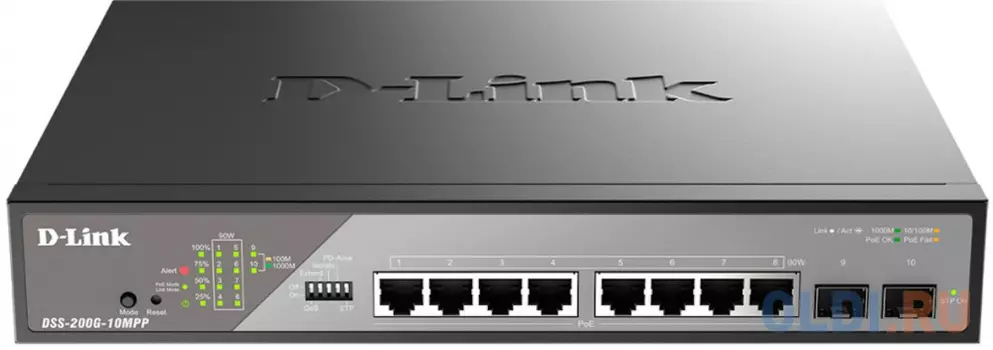 D-Link Smart L2 Surveillance Switch 8х1000Base-T PoE 802.3bt 90W, 2x1000Base-X SFP, PoE Budget 242W, Long-range PoE up to 250m