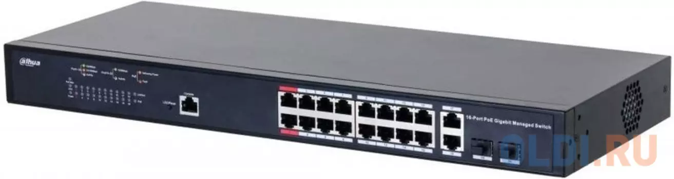 DAHUA 16-портовый гигабитный управляемый коммутатор с PoE, уровень L2Порты: 16 RJ45 10/100/1000Мбит/с (PoE/PoE+/Hi-PoE/IEEE802.3bt), 2 комбинированных