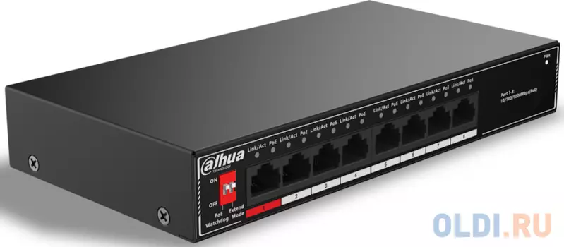 DAHUA DH-SG1008P 8-портовый гигабитный неуправляемый коммутатор c PoE, 8xRJ45 1Gb PoE, суммарно 96Вт, коммутация 20 Гбит/с, MAC-таблица 8K, металл