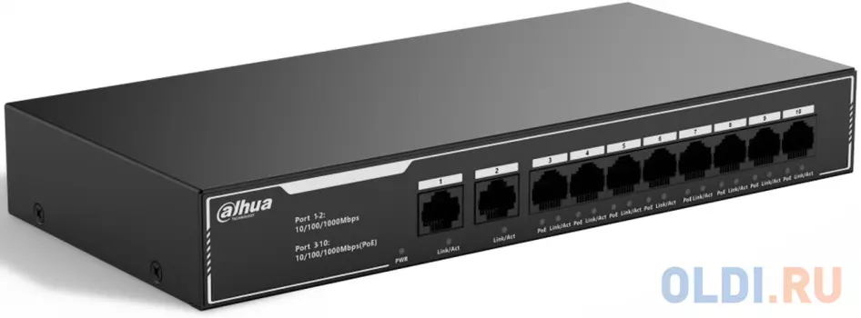 DAHUA DH-SG1010LP 10-портовый гигабитный неуправляемый коммутатор c PoE, 8xRJ45 1Gb PoE, 2xRJ45 1Gb uplink, суммарно 65Вт, коммутация 20 Гбит/с, MAC-т