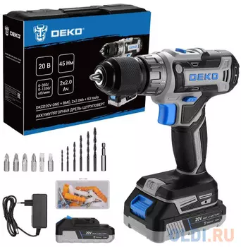 Deko DKCD20V ONE + в кейсе + набор 63 инструмента для дома, 20В, 2x2.0Ач 083-1038
