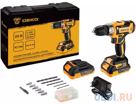 Deko GCD20DU PRO в кейсе + набор 63 инструмента для дома, 20В, 2х3.0Ач 083-1039
