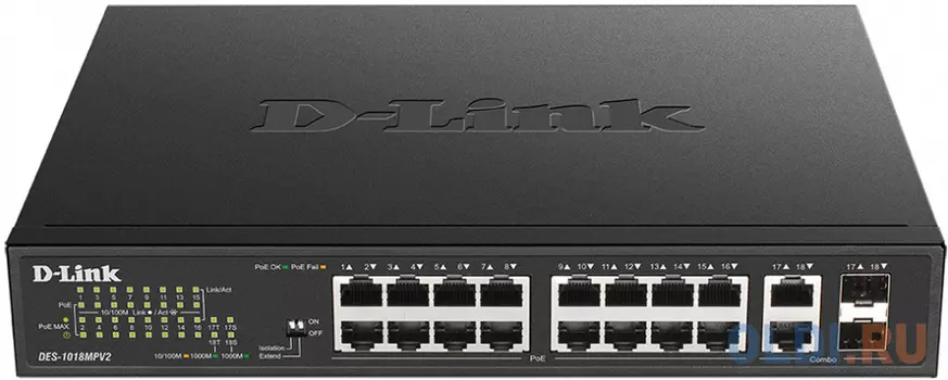 DES-1018MPV2/A1A Неуправляемый коммутатор с 16 портами 10/100Base-TX, 2 комбо-портами 100/1000Base-T/SFP (16 портов PoE 802.3af, PoE-бюджет 246,4 Вт),