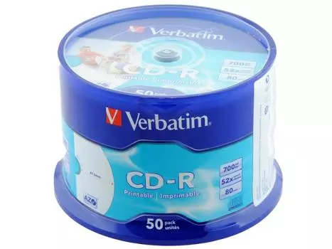 Диски CD-R Verbatim 700Mb 52x CakeBox 50шт Printable 43438