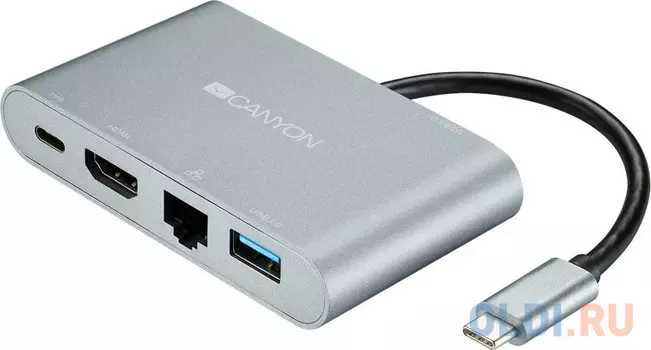 Док-станция Canyon Multiport Docking Station with 5 ports: 1*Type C male+1*HDMI+1*RJ45+2*USB3.0, Input 100-240V, Output USB-C PD 60W&amp;USB-A 5V/1A, cabel length 0.11m, Rubber coating, Space grey, 93*54*17mm, 0.075kg
