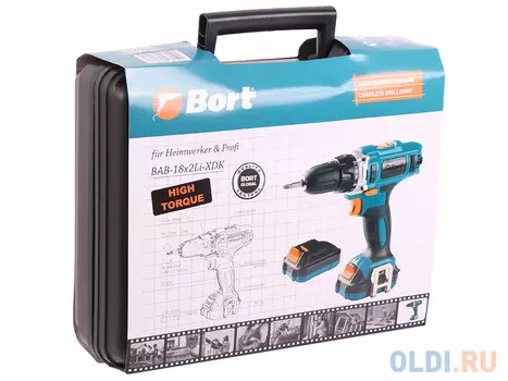 Дрель-шуруповерт аккумуляторная Bort BAB-18x2Li-XDK 1500mAh; 18в; 2 аккум. в компл; 2 скорости; быстрозажимной патрон, кейс в комплекте
