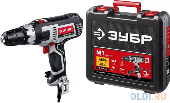 Дрель-шуруповёрт Зубр ДШ-М1-400-2 К кейс в комплекте