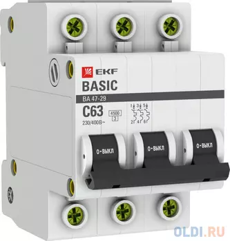 EKF mcb4729-3-63C Автоматический выключатель 3P 63А (C) 4,5кА ВА 47-29 EKF Basic