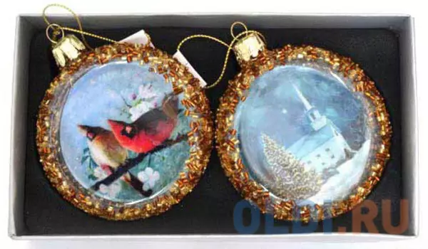 Елочные украшения Winter Wings "Диск открытки" 8 см 2 шт стекло N07735