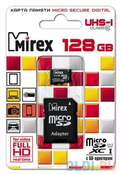 Флеш карта microSD 128GB Mirex microSDXC Class 10 UHS-I (SD адаптер) 13613-AD10S128