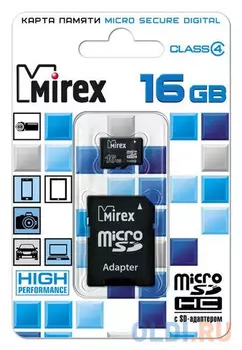 Флеш карта microSD 16GB Mirex microSDHC Class 4 (SD адаптер)