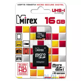 Флеш карта microSD 16GB Mirex microSDHC Class 10 UHS-I (SD адаптер)