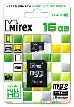 Флеш карта microSD 16GB Mirex microSDHC Class 10 (SD адаптер)