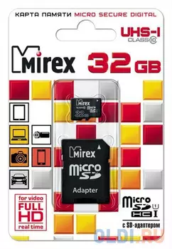 Флеш карта microSD 32GB Mirex microSDHC Class 10 UHS-I (SD адаптер) 13613-ADSUHS32