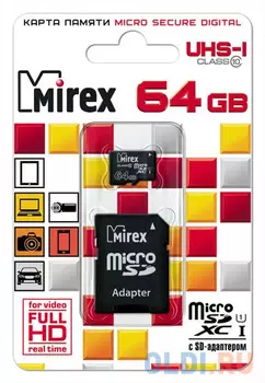 Флеш карта microSD 64GB Mirex microSDXC Class 10 UHS-I (SD адаптер) 13613-AD10SD64