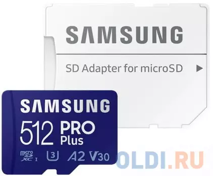 Флеш карта microSDXC 512GB Samsung PRO Plus Class 10, A2, V30, UHS-I (U3), W 130 МБ/с, R 180 МБ/с,  адаптер на SD